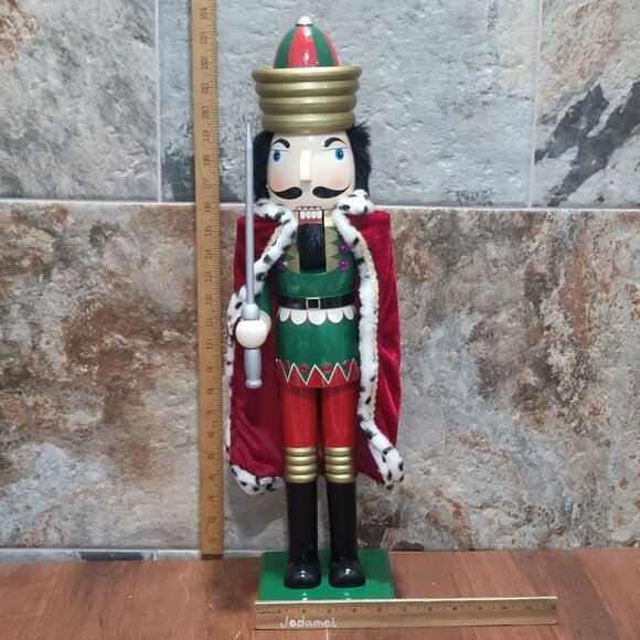 Wooden Nutcracker Red Velvet Cape 24 Inch Tall Green Base - Picture 7 of 12